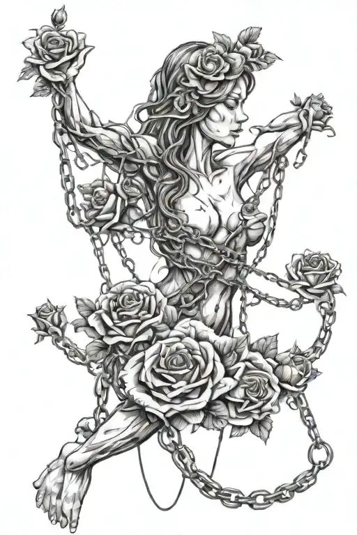 Silhouette of a naked girl, anatomically correct, roots growing out of chains, roses tattoo design idea