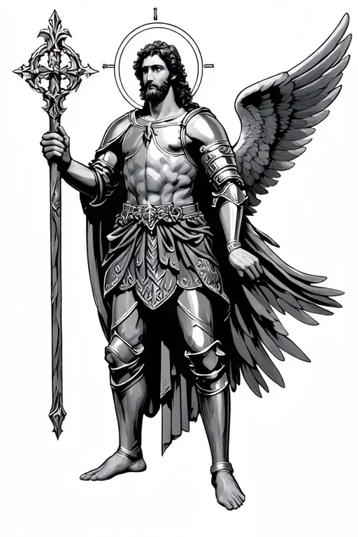 Saint Raphael with wings in armor holding his staff tattoo design idea