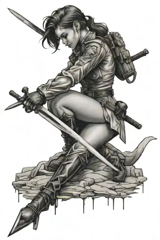 American traditional style, girl soldier plunging sword into the ground  tattoo design idea