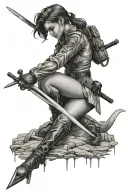 American traditional style, girl soldier plunging sword into the ground  tattoo design idea