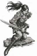 American traditional style, girl soldier plunging sword into the ground  tattoo design idea