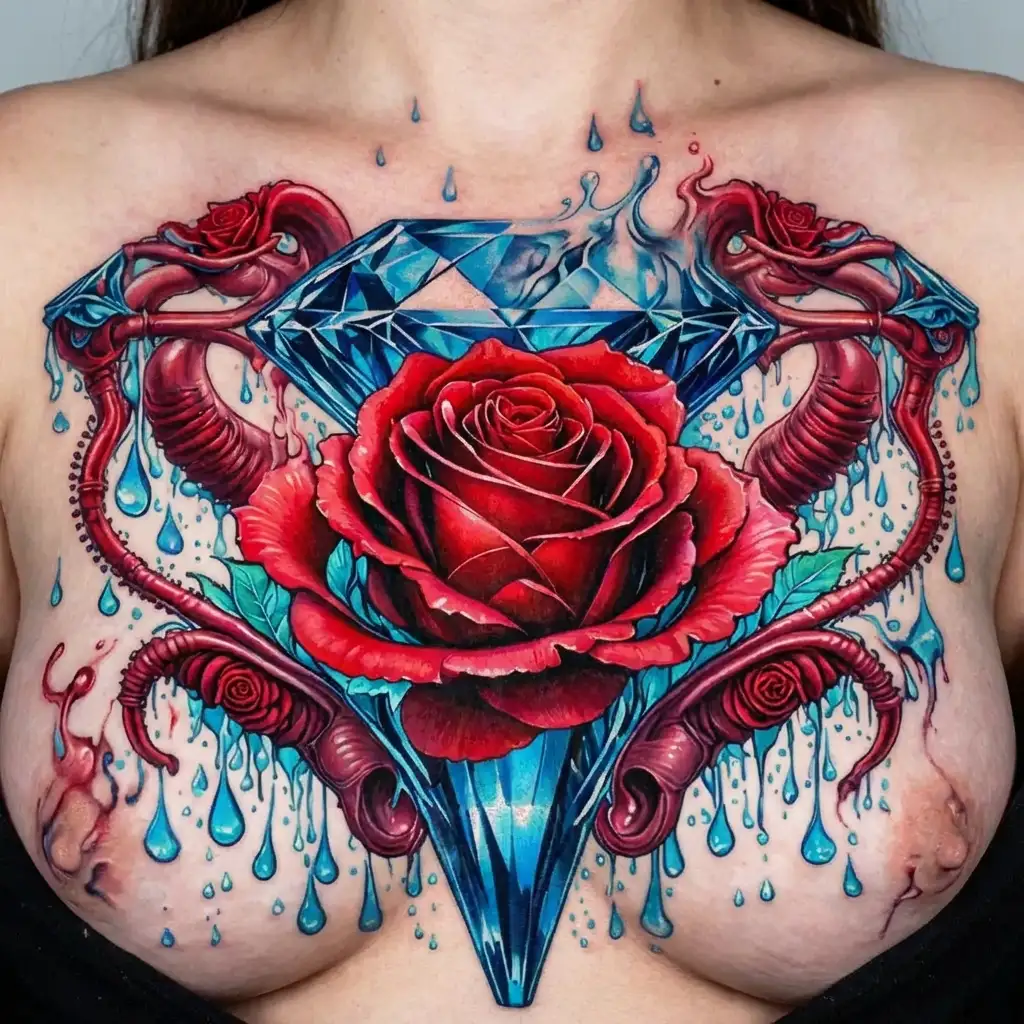 side-view blue diamond, red rose, rain drops, surrounded by ovaries fallopian tubes uterus, vagina, feminine, goddess tattoo design idea