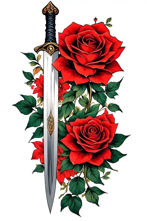 A minimalist design of the Mulan family sword intertwined with a rose from Beauty and the Beast tattoo design idea