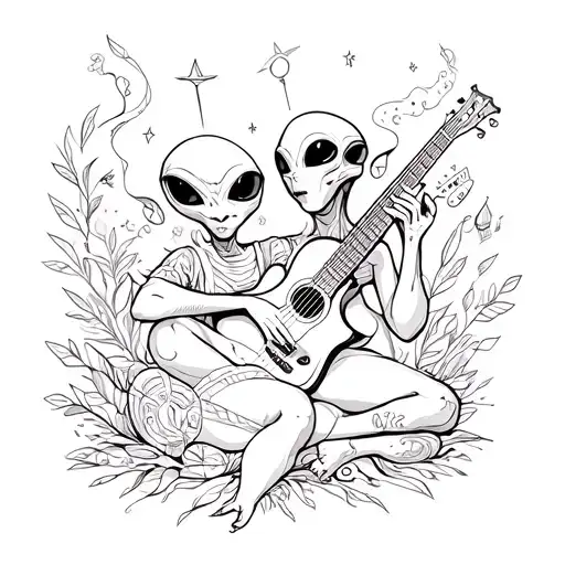 alien beings in a girly mystical craft playing music tattoo design idea