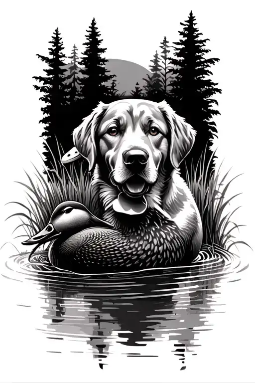 Mallard duck, Lab dog holding duck, swamp, tall grass, swamp trees tattoo design idea