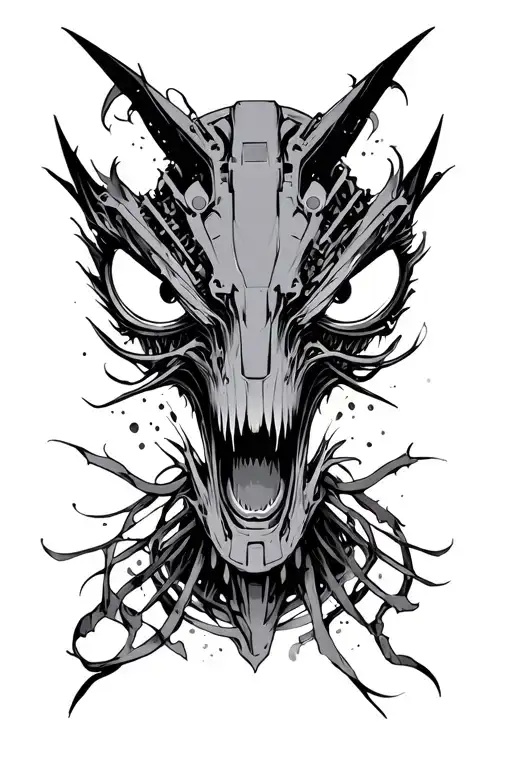 monster eyes, monster mouth, cyborg, cybernetic, cyberware, cyberpunk, cybernetic enhancements tattoo design idea