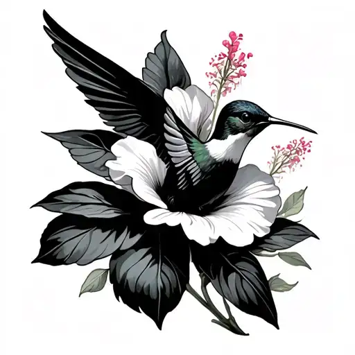 A hummingbird gracefully hovers near a hibiscus flower, its wings outstretched and its beak dipping into the bloom for n tattoo design idea