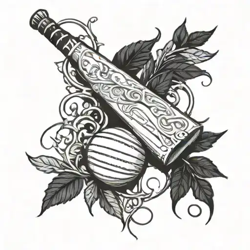 A cricket bat and ball intertwined with vines and leaves tattoo design idea