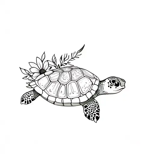 sea turtle with flowers tattoo design idea