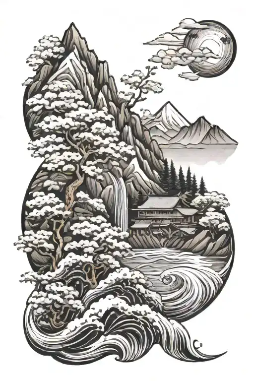 swiss mountians, japanese sakura, brazilian beavc/waves, blcak and white tattoo design idea