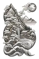 swiss mountians, japanese sakura, brazilian beavc/waves, blcak and white tattoo design idea