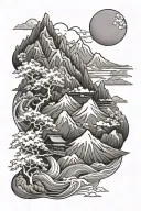 swiss mountians, japanese sakura, brazilian beavc/waves, blcak and white tattoo design idea