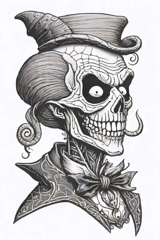 black and grey bust of nightmare before Christmas mayor face split in half with his spider bowtie tattoo design idea