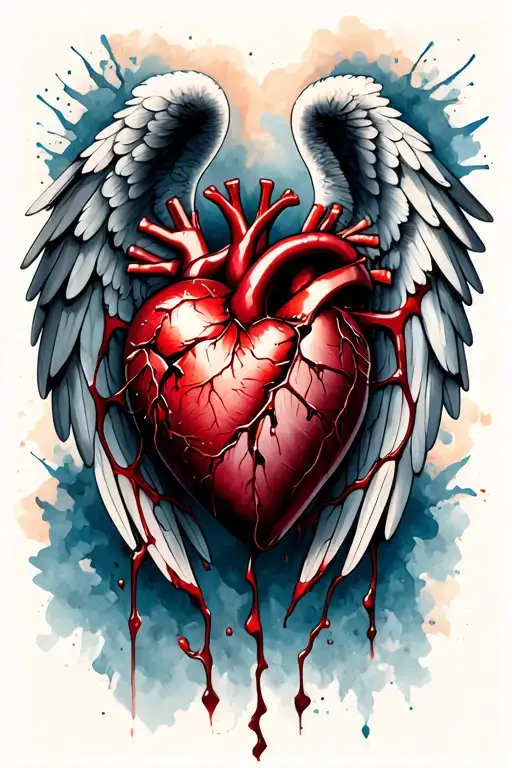 Shattered heart bleeding with wings hugged with cancer loop tattoo design idea