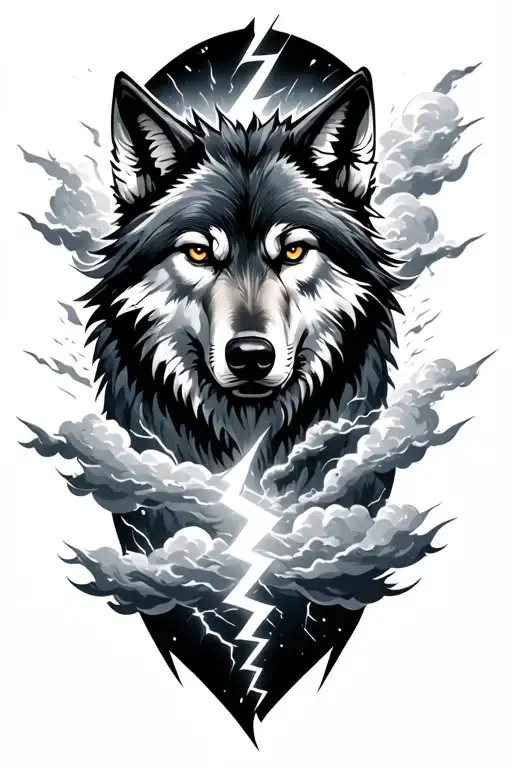 wolf storm clouds lightening bolt tattoo design idea