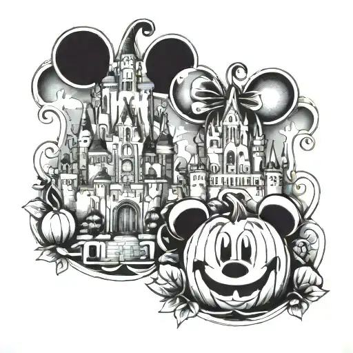 Disney castle in the middle. LEFT Mickey MOUSE HEAD pumpkin . RIGHT  Mickey mouse gingerbead RIGHT  tattoo design idea