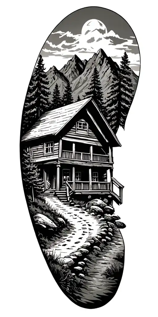 Mountain cabin and trail winding road leading its pack tattoo design idea