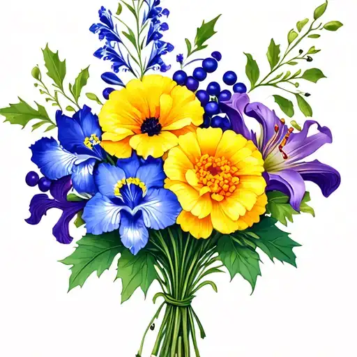 Design a tattoo of A bouquet of birth flowers a yellow marigold, blue Larkspur, Holly with berries, purple iris, Lilly o tattoo design idea