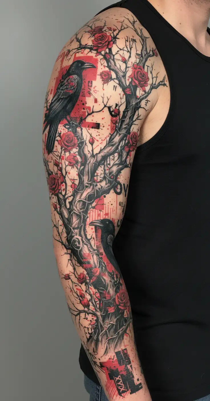 crooked scary looking tree wich gnarled and snapped branches. ravens perched amongst the branches roses weaving amongst tattoo design idea