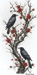 crooked scary looking tree wich gnarled and snapped branches. ravens perched amongst the branches roses weaving amongst tattoo design idea