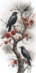 crooked scary looking tree wich gnarled and snapped branches. ravens perched amongst the branches roses weaving amongst tattoo design idea