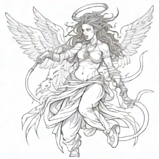 angel with dreads fighting demons tattoo design idea