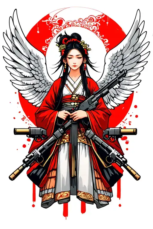 An angel with gun barrels instead of wings made tattoo design idea