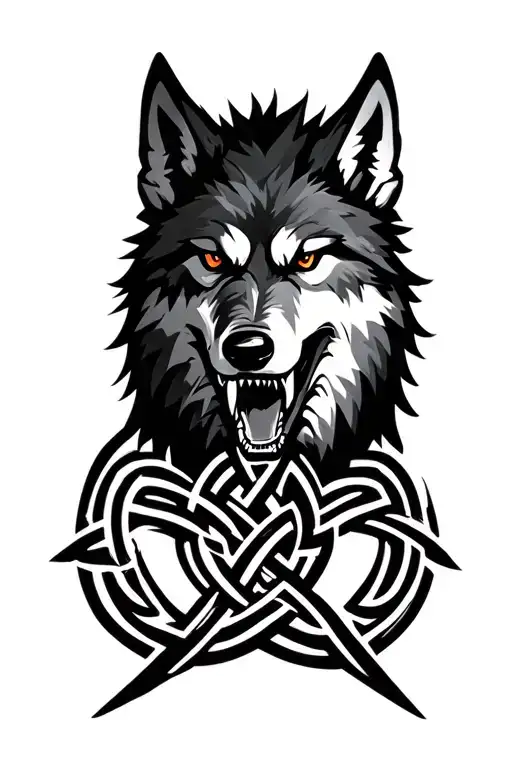 a celtic knot as nordic fenrir wolf surrounded with celtic knot. wolf should be aggressiv and open mouth sharp teeth tattoo design idea