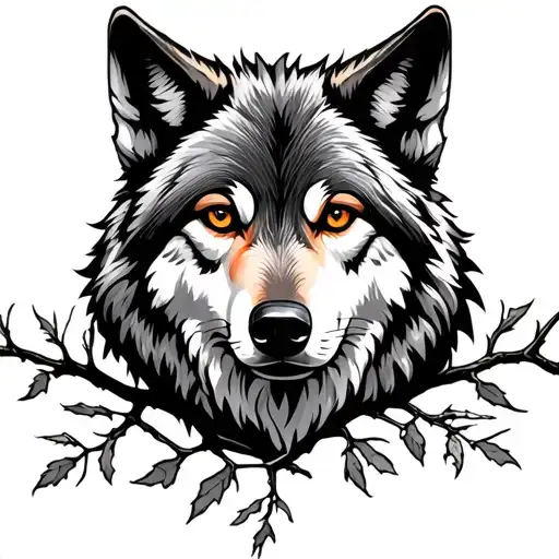 wolf looking forward willow tree branch tattoo design idea