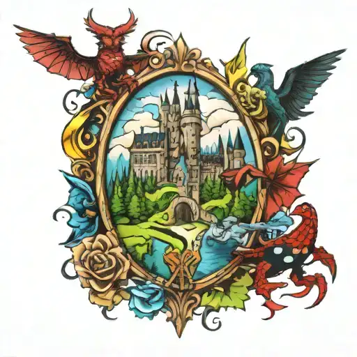 Hogwarts crest, turns into Oikachu, Spider-Man, a forrest, and the Disneyland castle tattoo design idea