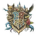 Hogwarts crest, turns into Oikachu, Spider-Man, a forrest, and the Disneyland castle tattoo design idea