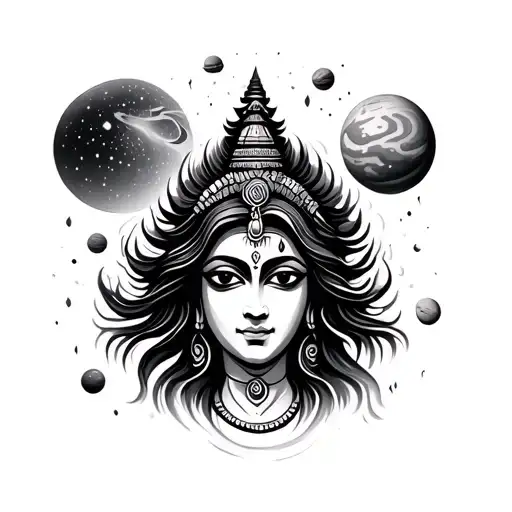 kali goddess head and planets in the background tattoo design idea