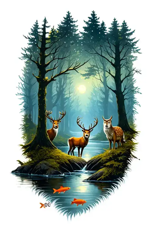 Forest scenery at night, stream with fish, deer and owl tattoo design idea