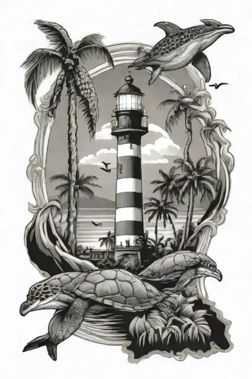 beach scene with palm trees and light house and underwater scene with sea turtle and dolphins tattoo design idea