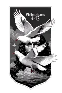 Two doves flying, Jesus face, "Philipians 4:13" and croses. Background something like clouds tattoo design idea