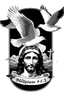 Two doves flying, Jesus face, "Philipians 4:13" and croses. Background something like clouds tattoo design idea