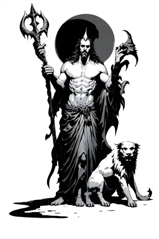 Standing Hades holding Bident in right hand and Cerberus sitting in the left side of him tattoo design idea