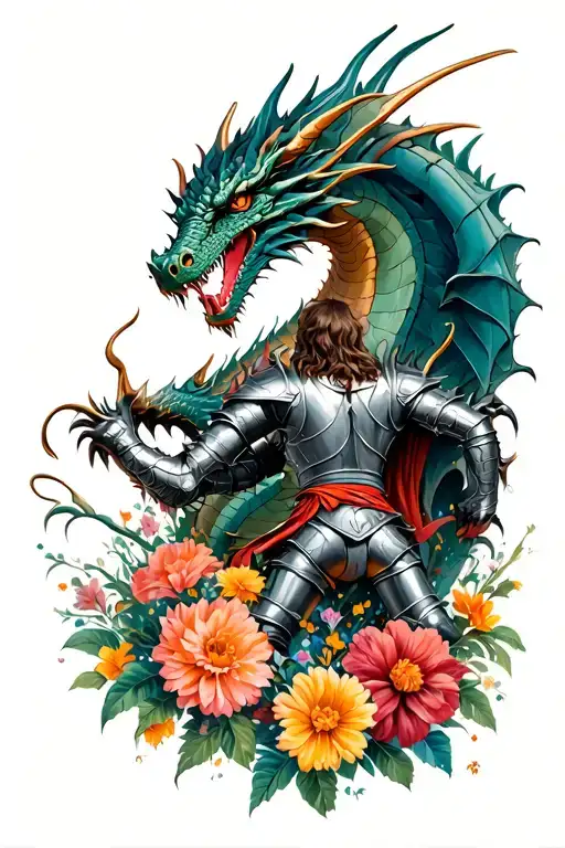 knight fighting a dragon surrounded by flowers  tattoo design idea