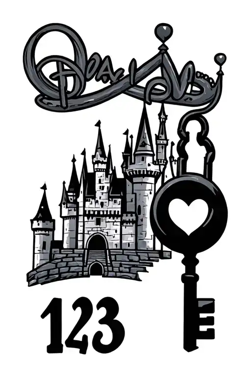Disney, Nickolodeon, 90s theme, disney castle siloheutte, infinity, love, lock and key, 143, AJ, Holmes, 10.08.25, crown tattoo design idea