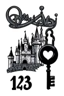 Disney, Nickolodeon, 90s theme, disney castle siloheutte, infinity, love, lock and key, 143, AJ, Holmes, 10.08.25, crown tattoo design idea