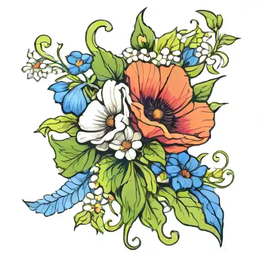 Poppy flower, daisy flower, morning glory flower , bouquet, sapphire, diamond, peridot tattoo design idea