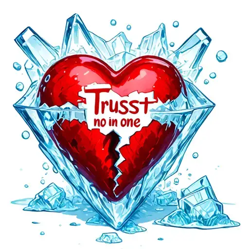 put Trust no one in words with big broken heart trapped in a icebox with frozen ice around it  tattoo design idea