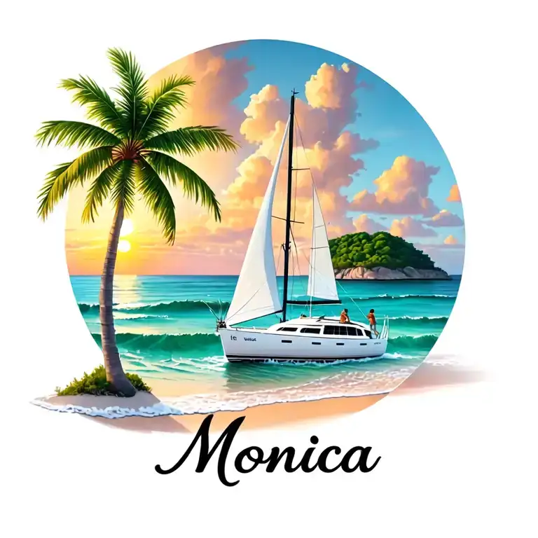 "Monica" "Monica" "Monica" "Monica" "Monica" "Monica" "Monica" "Monica" white catamaran sailing, sunrise, small island palm, ocean beach outside of circle at bottom tattoo design idea