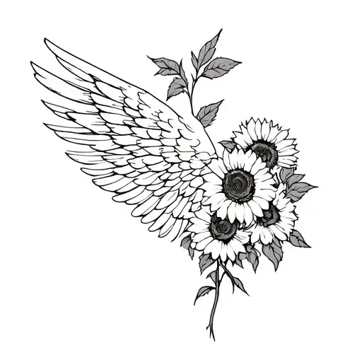 sunflowers roses and angel wing attached tattoo design idea