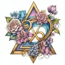 colorful infinity sign, triangle,  blooming heart, banner tattoo design idea