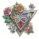 colorful infinity sign, triangle,  blooming heart, banner tattoo design idea