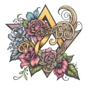 colorful infinity sign, triangle,  blooming heart, banner tattoo design idea