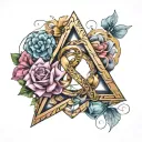 colorful infinity sign, triangle,  blooming heart, banner tattoo design idea