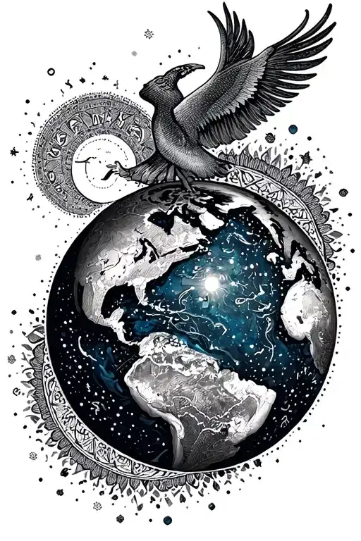 Planet Earth with zodiac sign Aquarius and Libra combined and framed with the style of a mandala tattoo design idea