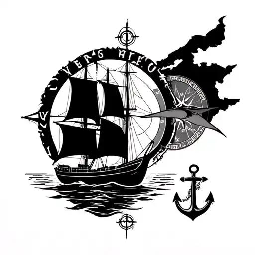 a 3D nautical themed tattoo featuring a sailboat, compass rose, anchor, and chart of Vancouver island  tattoo design idea